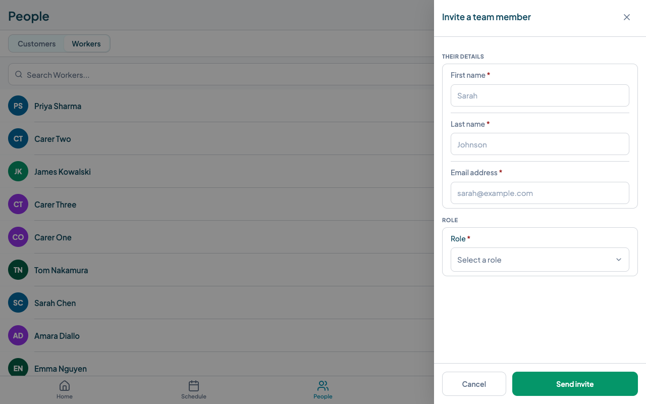 Invite a team member panel showing First name, Last name, Email, and Role fields with a Send invite button