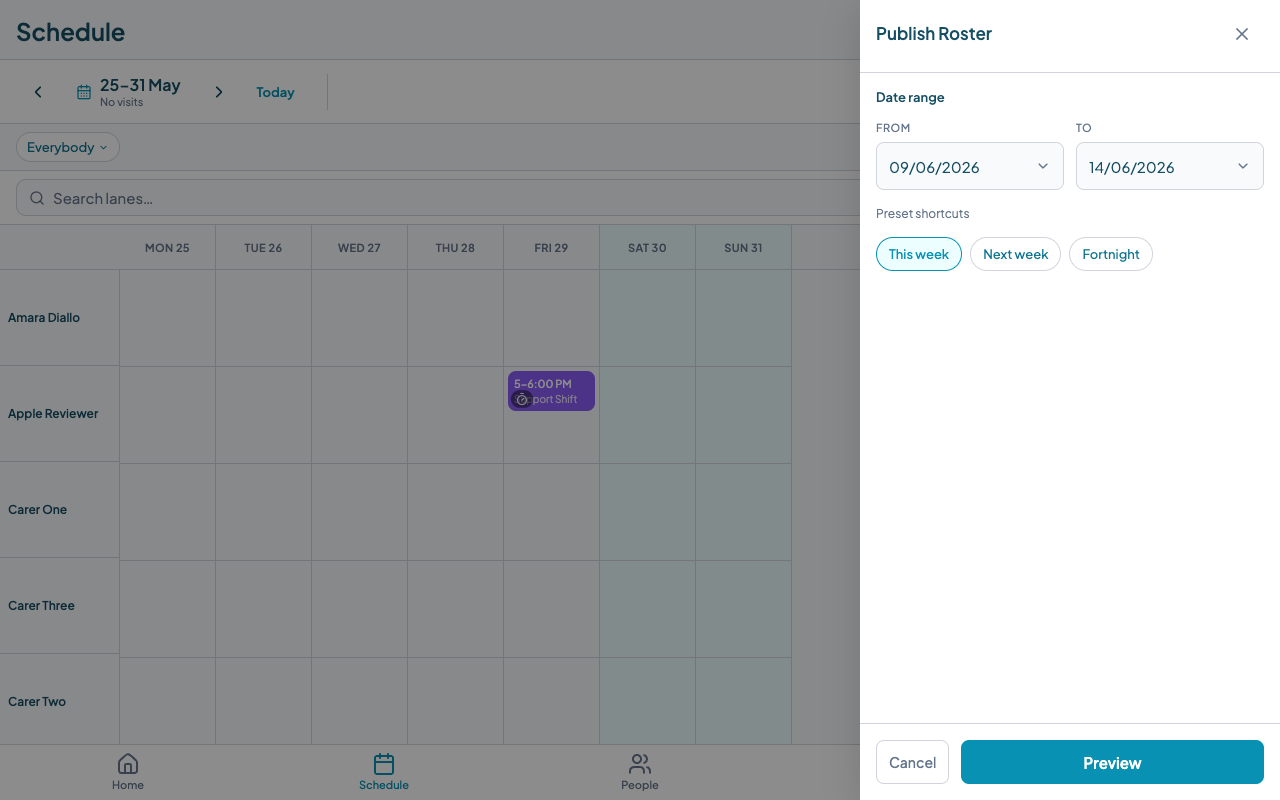 Publish Roster panel showing From and To date pickers with This week, Next week, and Fortnight chips, and a Preview button