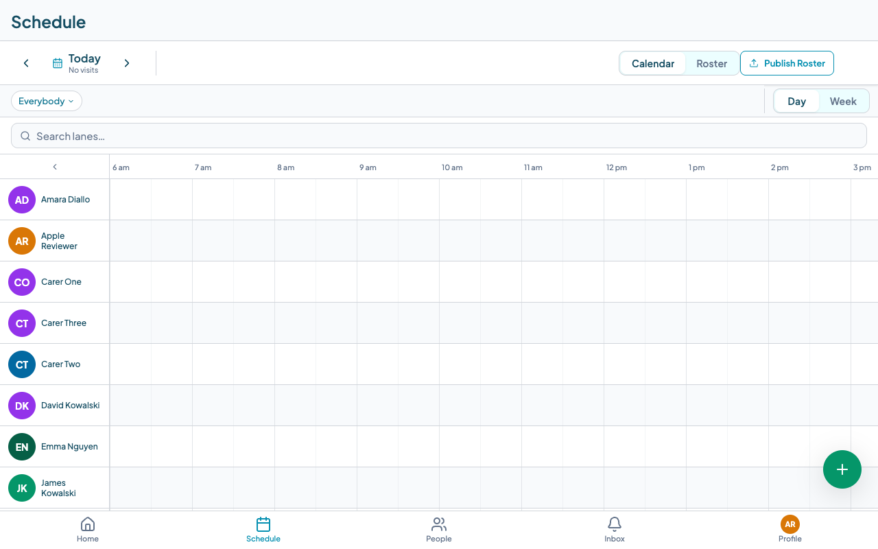Scheduler day view showing a timeline grid with worker lanes, Publish Roster button, and Day/Week toggle