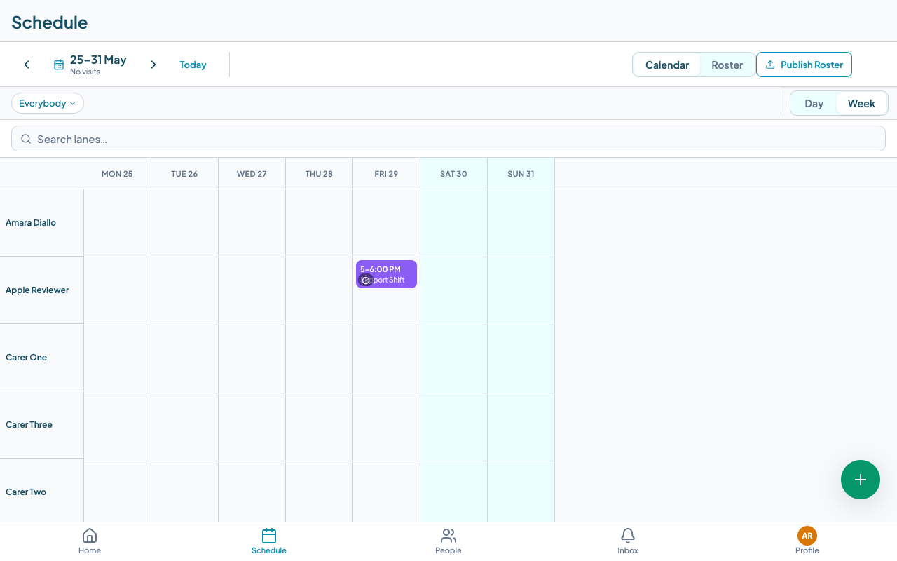 Scheduler week view showing Mon-Sun columns with worker rows and a support shift tile visible