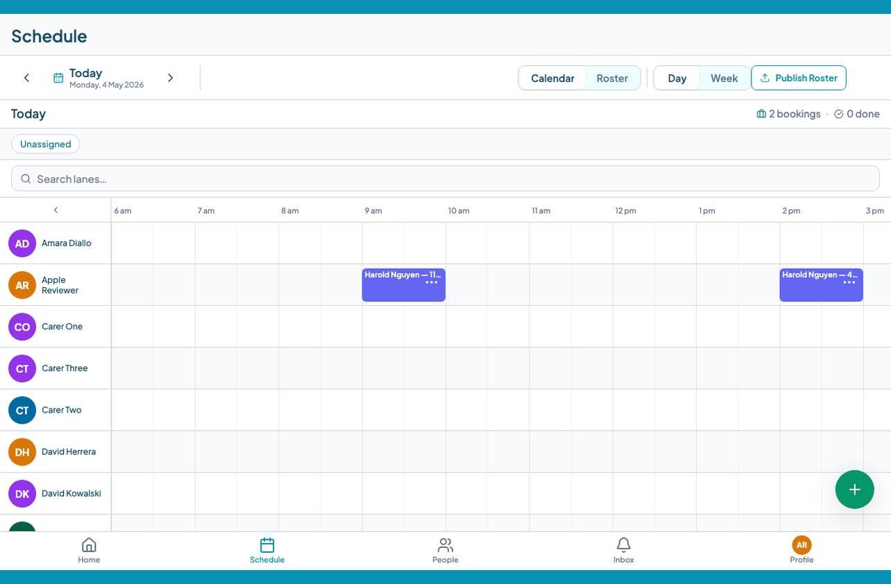 Teiro scheduling board for care coordinators