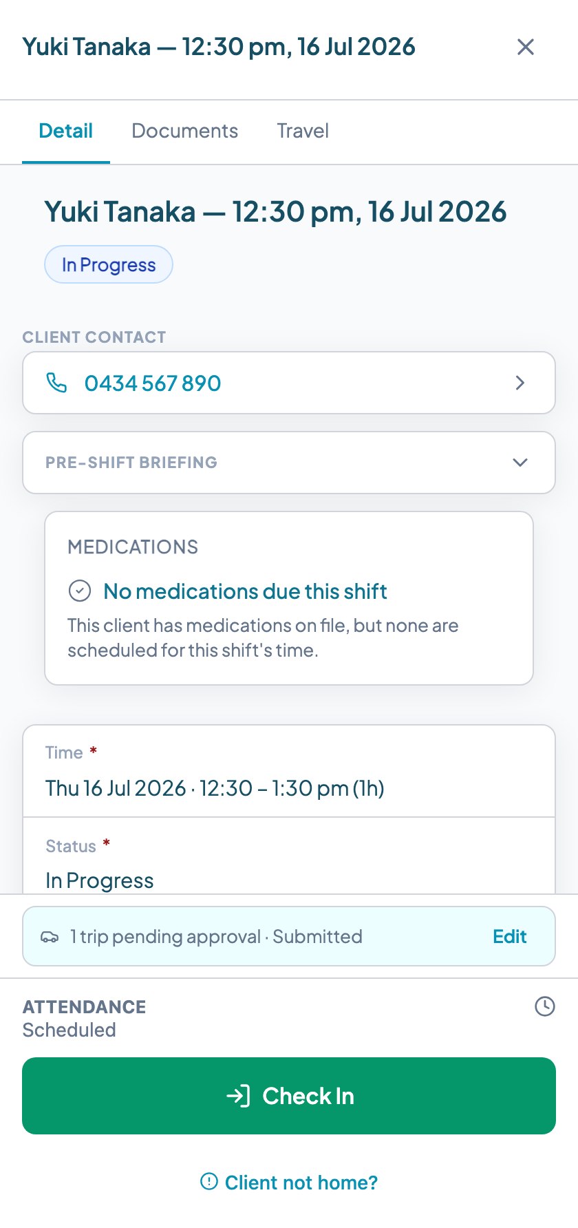 Teiro carer app shift screen with a one-tap check-in button