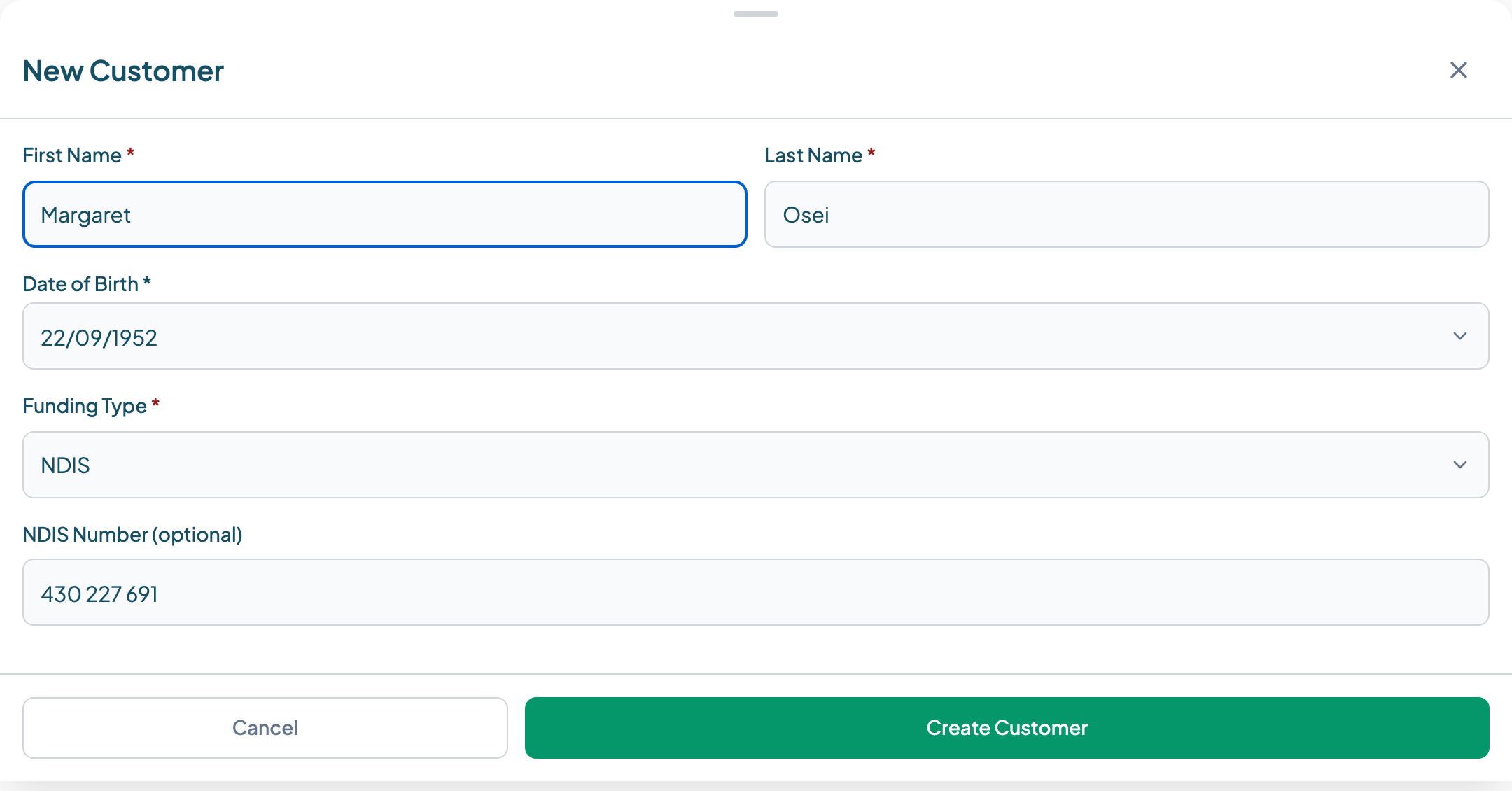 Teiro new customer form showing NDIS funding details being entered