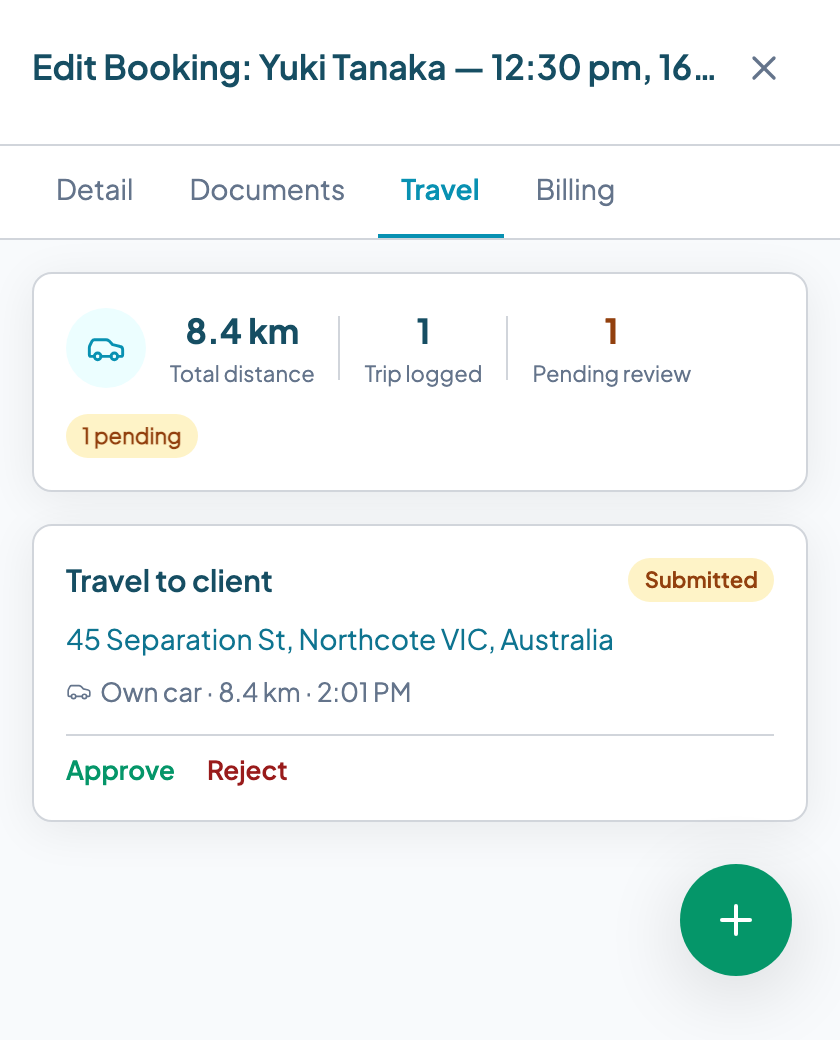 Teiro travel claim showing kilometres logged against a shift
