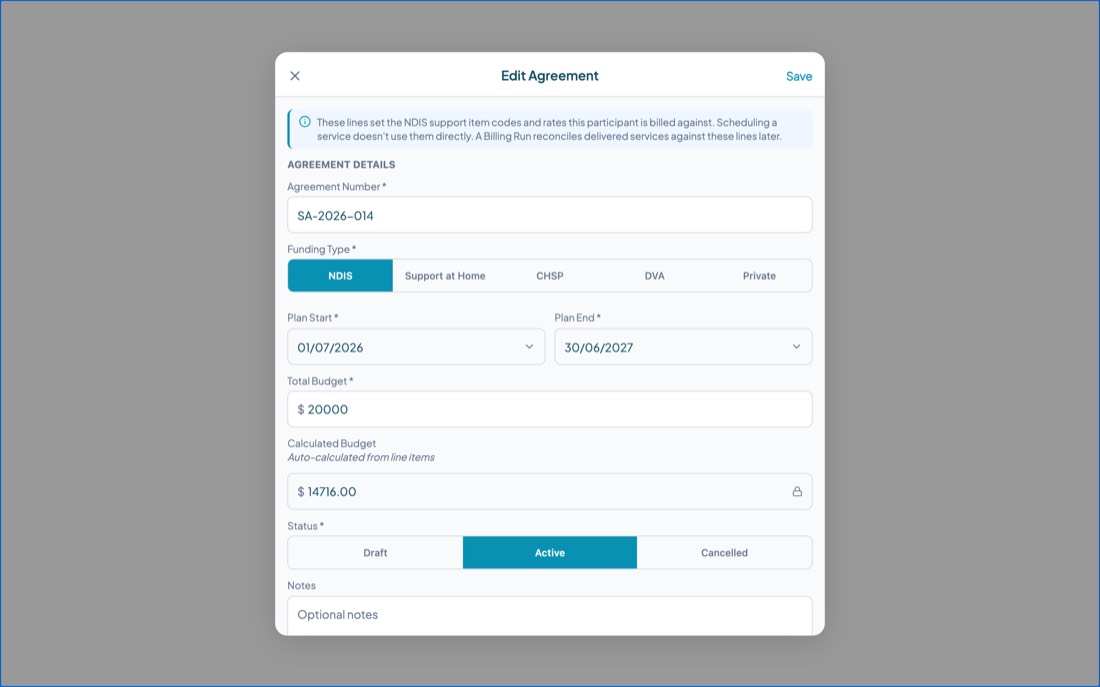The Edit Agreement form with an information banner explaining that agreement lines set the NDIS support item codes and rates, above agreement number, funding type, plan dates, budget and status.