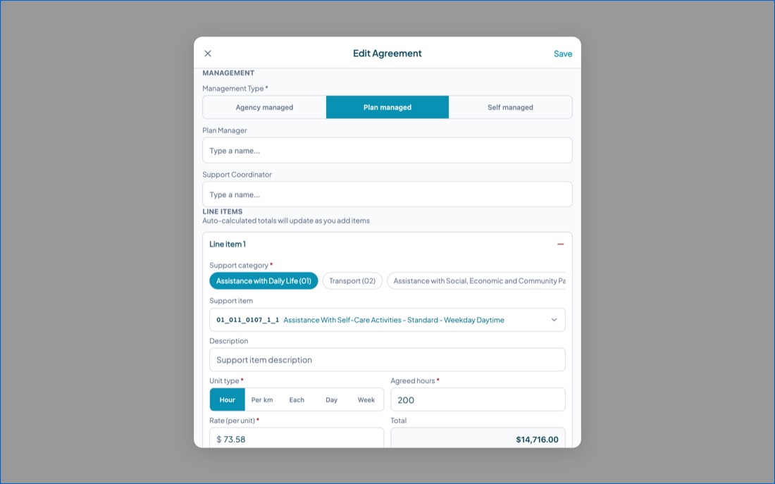 A service agreement line with support category Assistance with Daily Life (01), support item 01_011_0107_1_1 Assistance With Self-Care Activities, Standard, Weekday Daytime, unit type Hour, 200 agreed hours and a rate of $73.58.