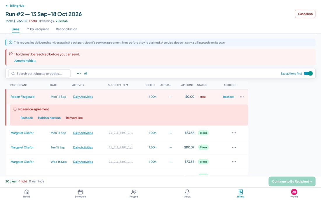 The Lines stage of a billing run. A banner explains that the run reconciles delivered services against agreement lines. One line for a client with no service agreement is on hold; the rest show support item 01_011_0107_1_1 with amounts and a Clean status.